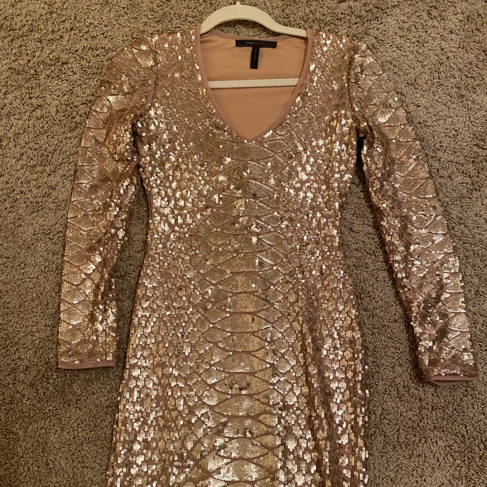 BCBGMAXAZARIA gold sequin mini dress